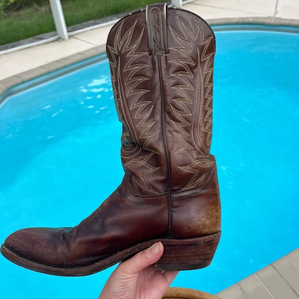 VINTAGE DAN POST chocolate brown leather western boots made in Spain - Picture 4 of 17